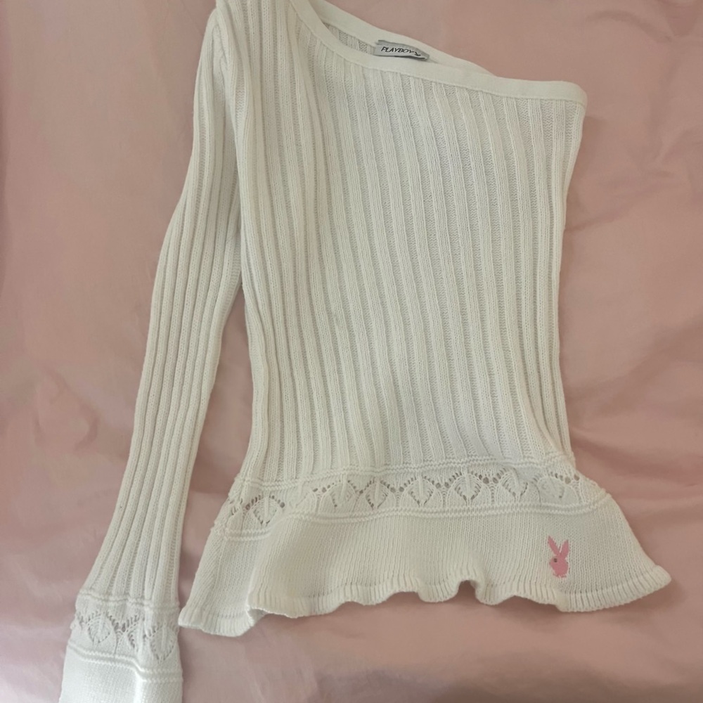 2000s vintage Y2K Playboy Paris Hilton Off-Shoulder White Sweater